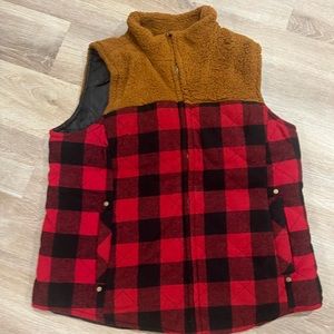 Buffalo plaid black and red vest with Sherpa fur